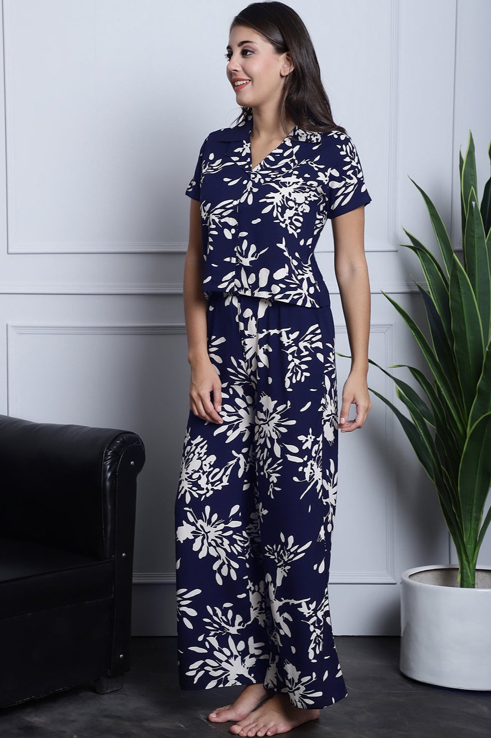 Navy Blue Floral Printed Viscose Rayon Night Suit for Women by Claura