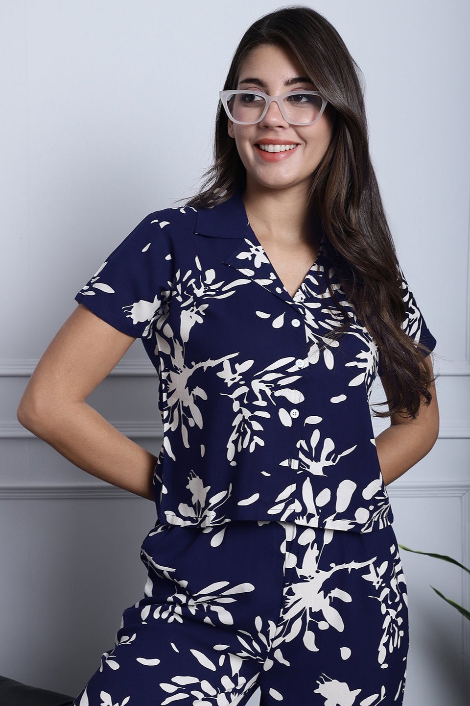Navy Blue Floral Printed Viscose Rayon Night Suit for Women by Claura