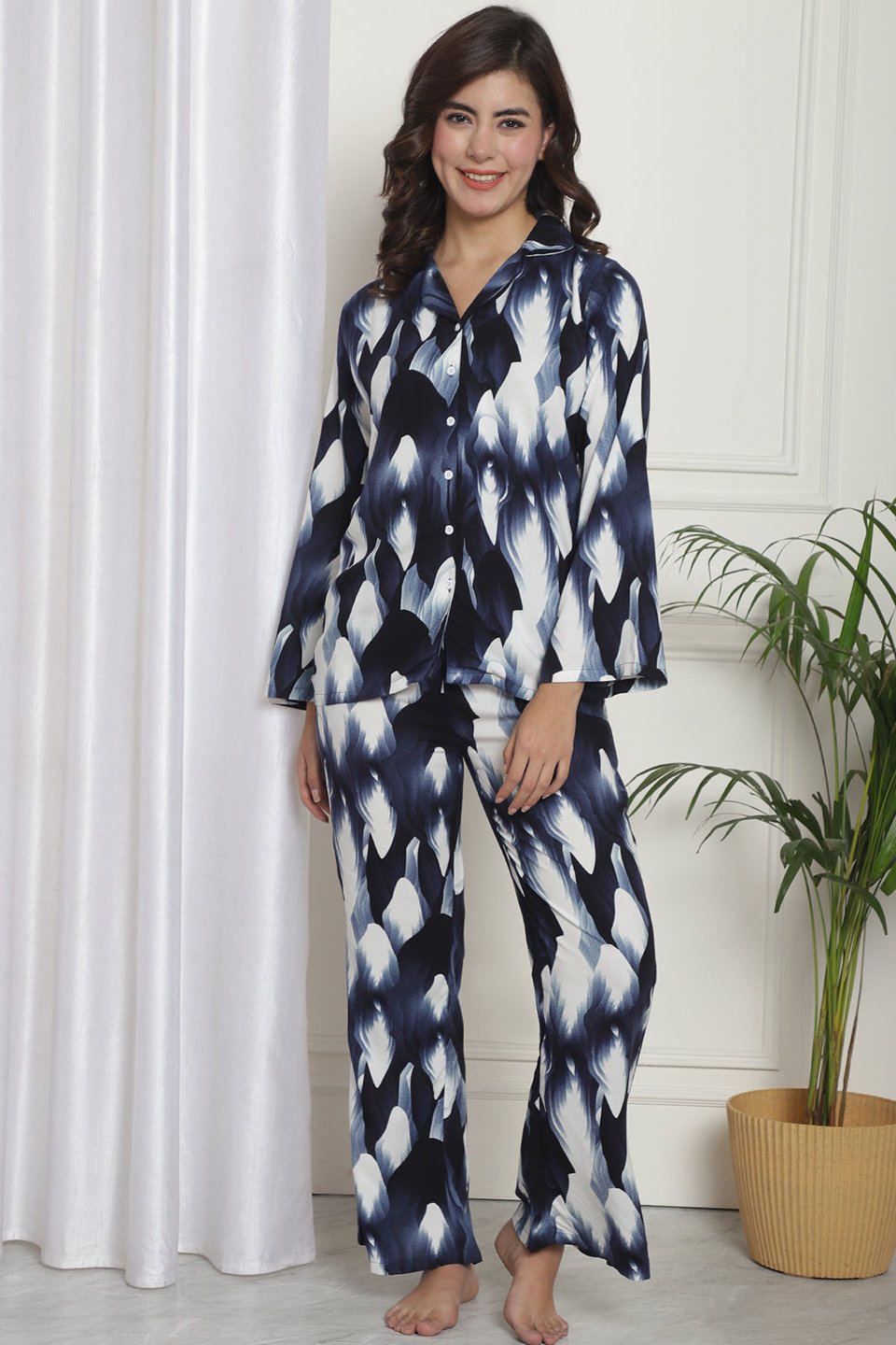 Blue white abstract viscose rayon night suit for women – full sleeve winter | Claura