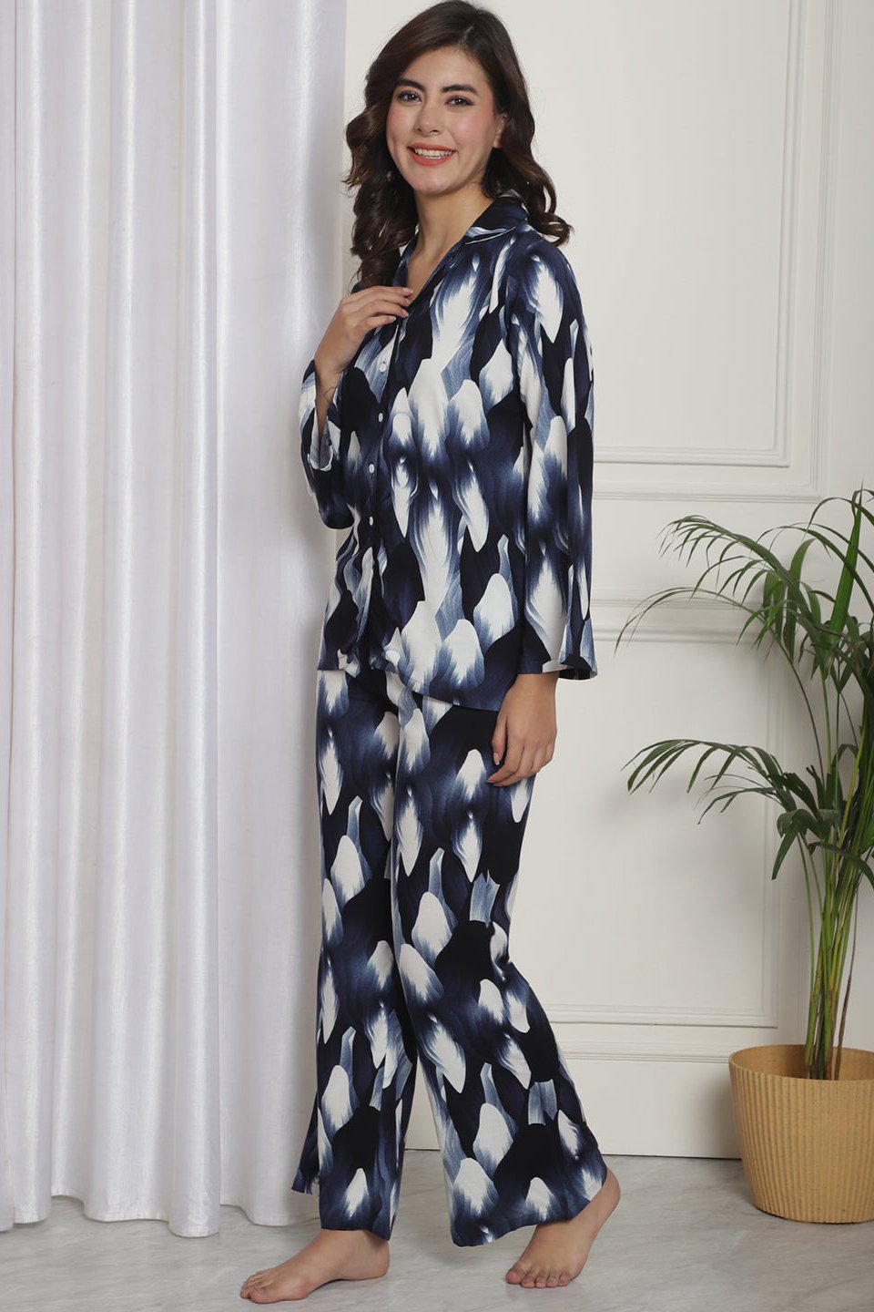 Blue & white abstract winter night suit for women – soft rayon fabric detail | Claura