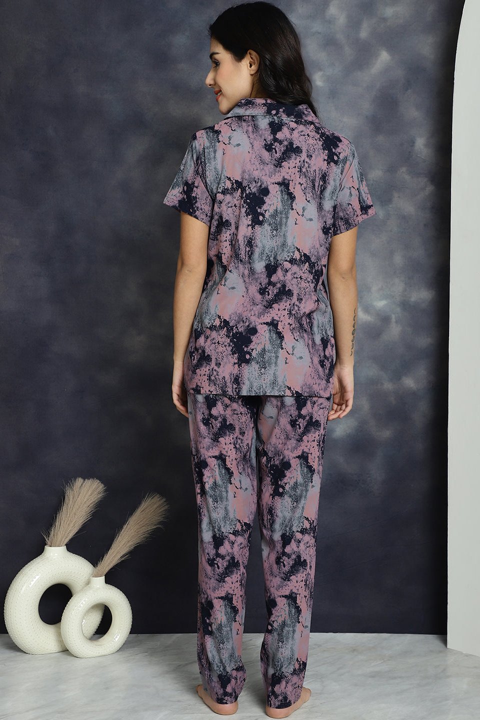 Pink Abstract Printed Viscose Rayon Night Suit for Women by Claura