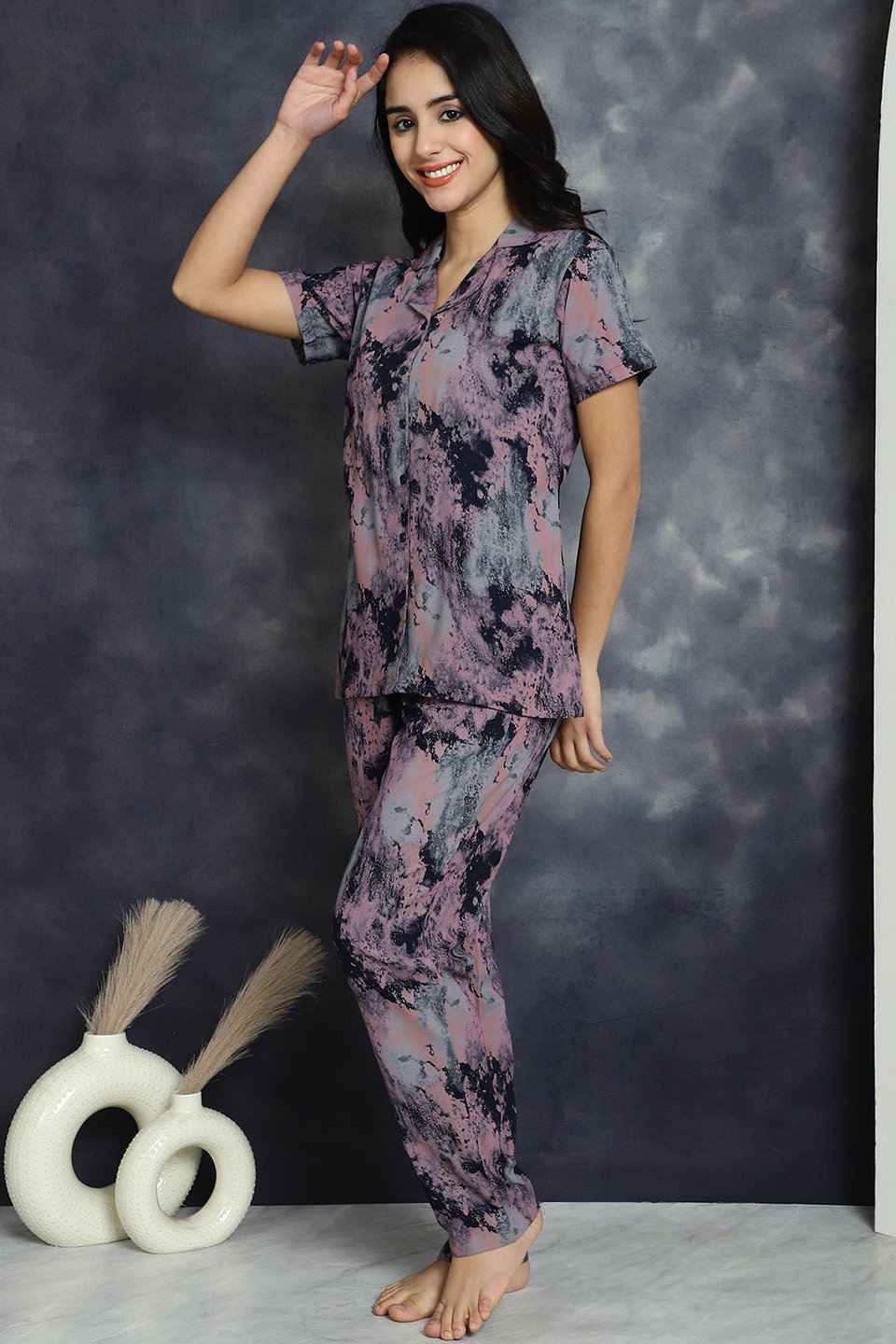 Pink Abstract Printed Viscose Rayon Night Suit for Women by Claura