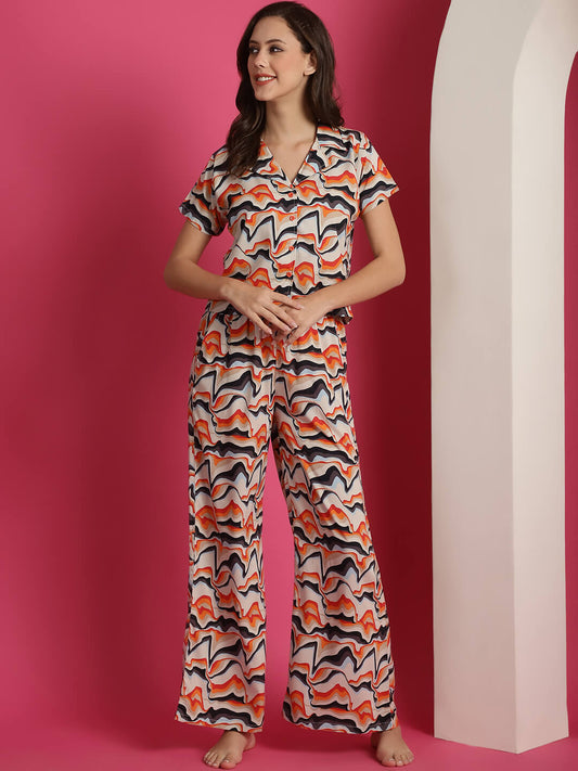 Multicolor Abstract Printed Viscose Rayon Night Suit