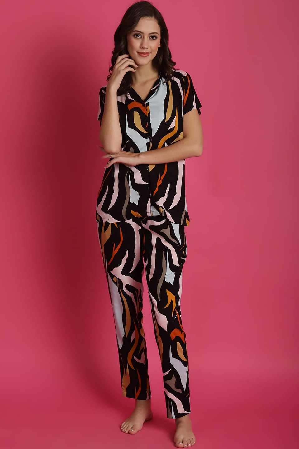 Black Abstract Printed Viscose Rayon Night Suit for Women by Claura