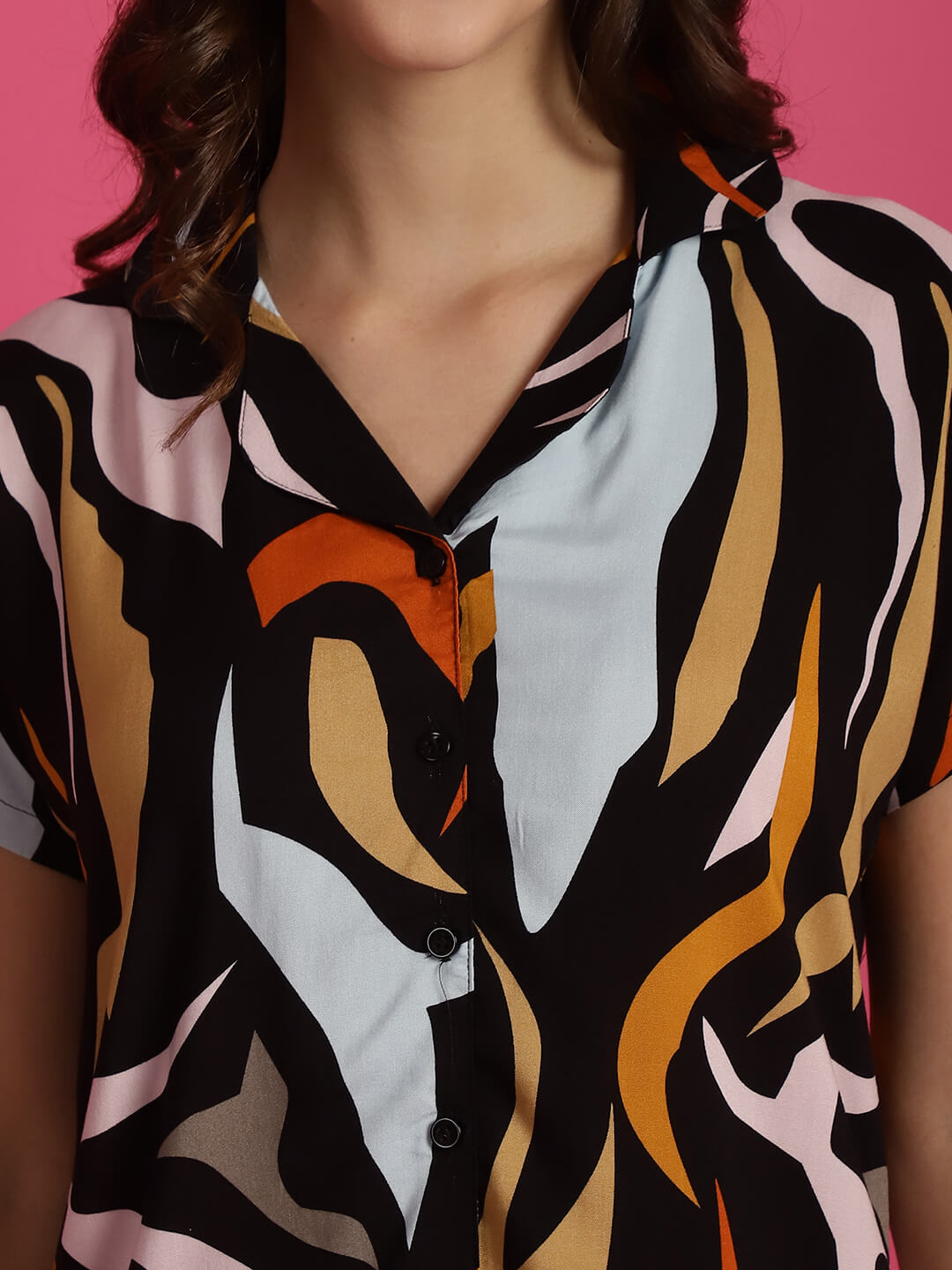 Black Abstract Printed Viscose Rayon Night Suit for Women by Claura