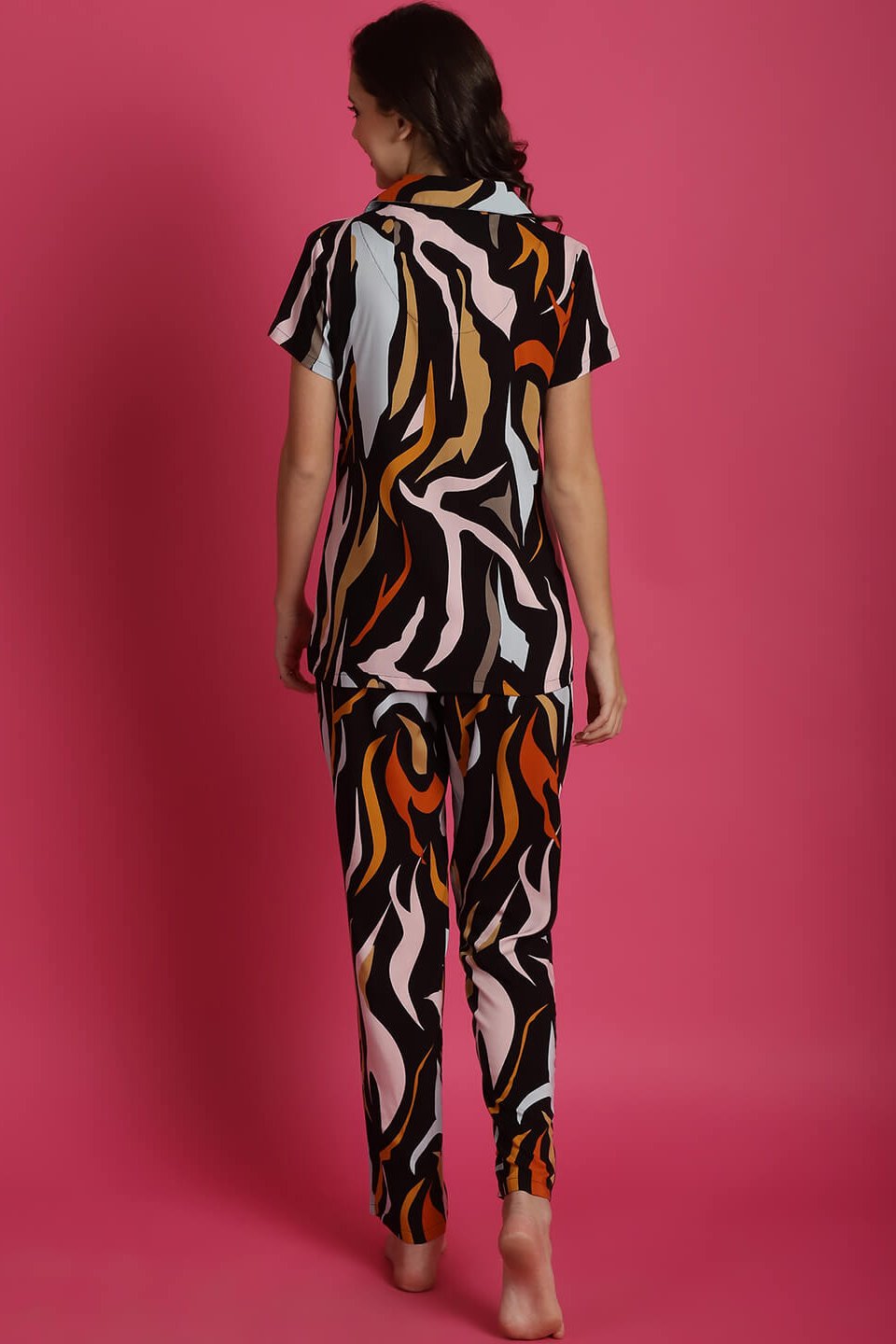 Black Abstract Printed Viscose Rayon Night Suit for Women by Claura
