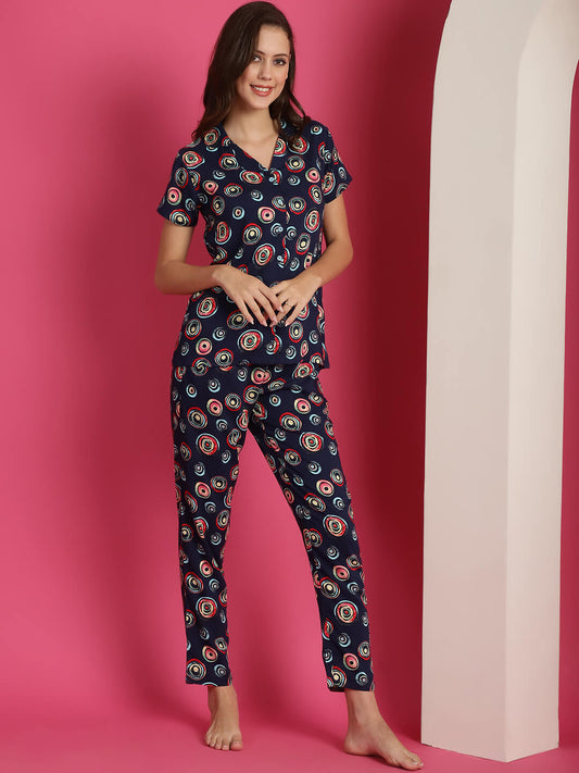 Navy Blue Abstract Printed Viscose Rayon Night Suit