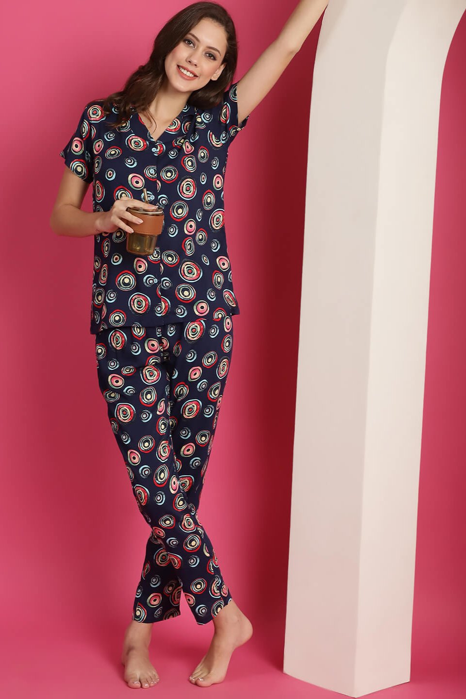 Navy Blue Abstract Printed Viscose Rayon Night Suit for Women by Claura