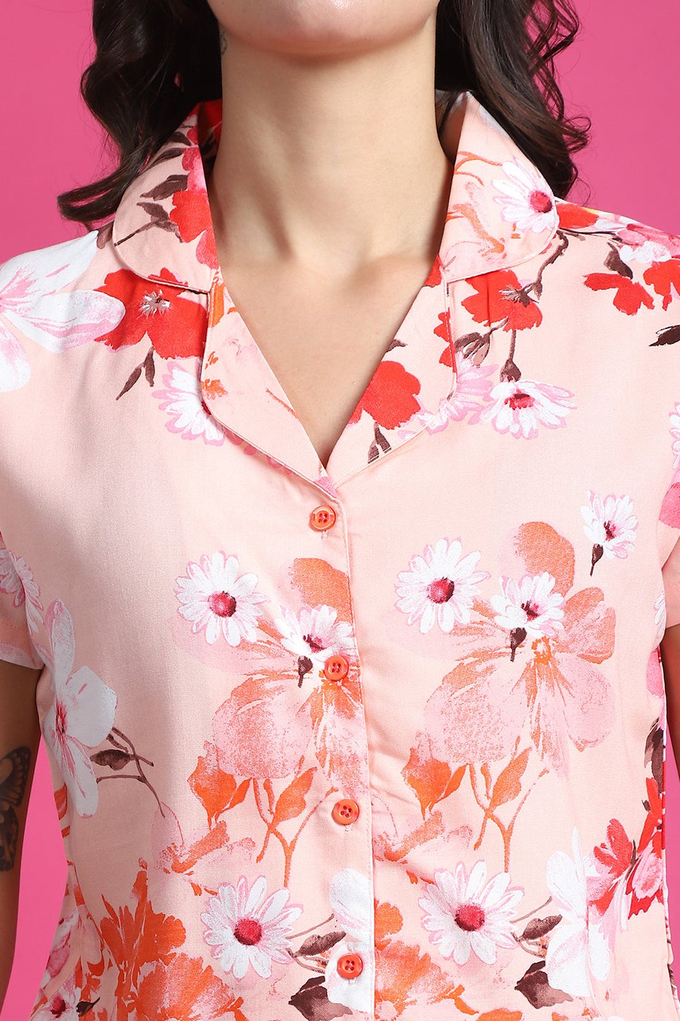 Navy Blue Floral Printed Viscose Rayon Night Suit for Women by Claura