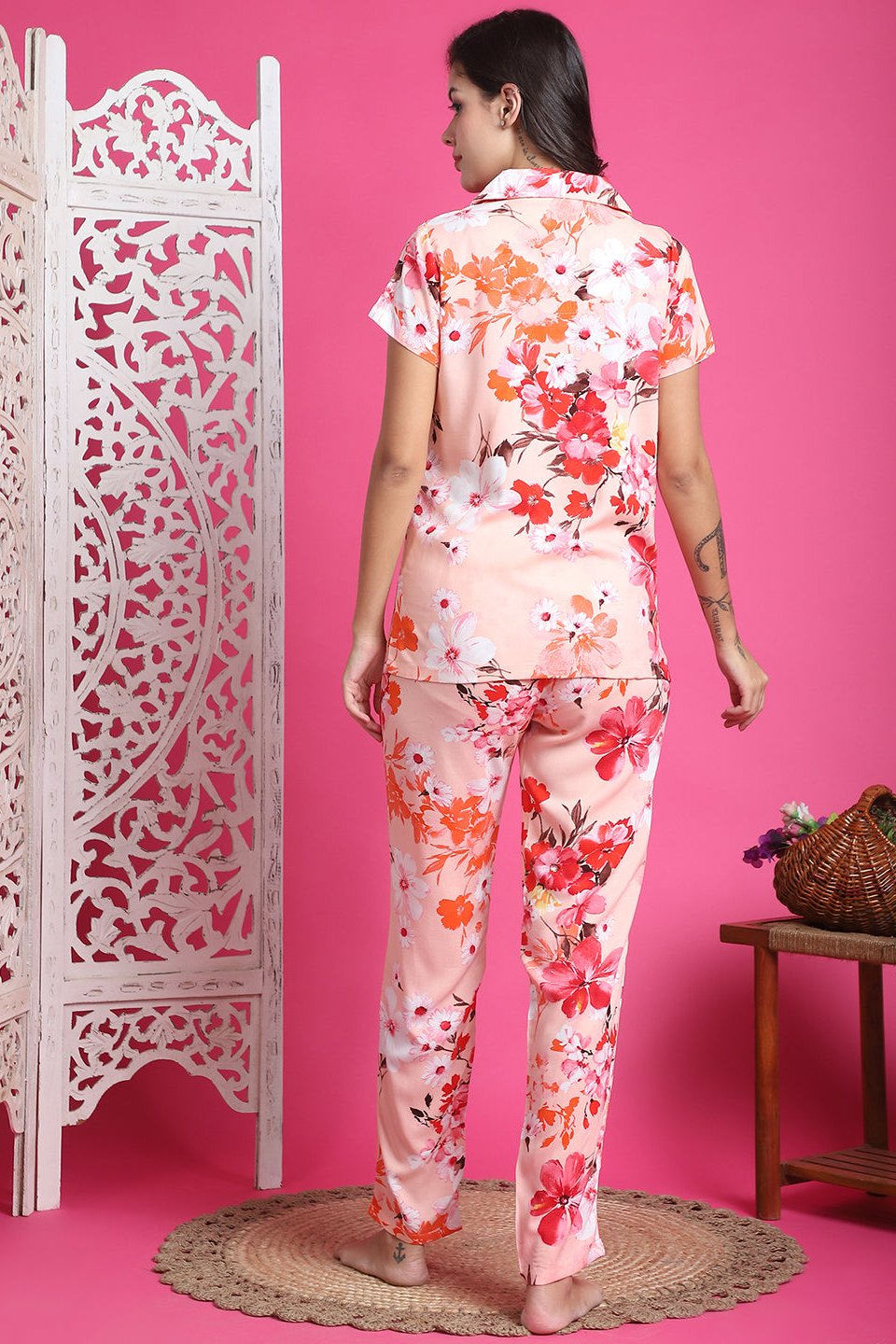 Navy Blue Floral Printed Viscose Rayon Night Suit for Women by Claura