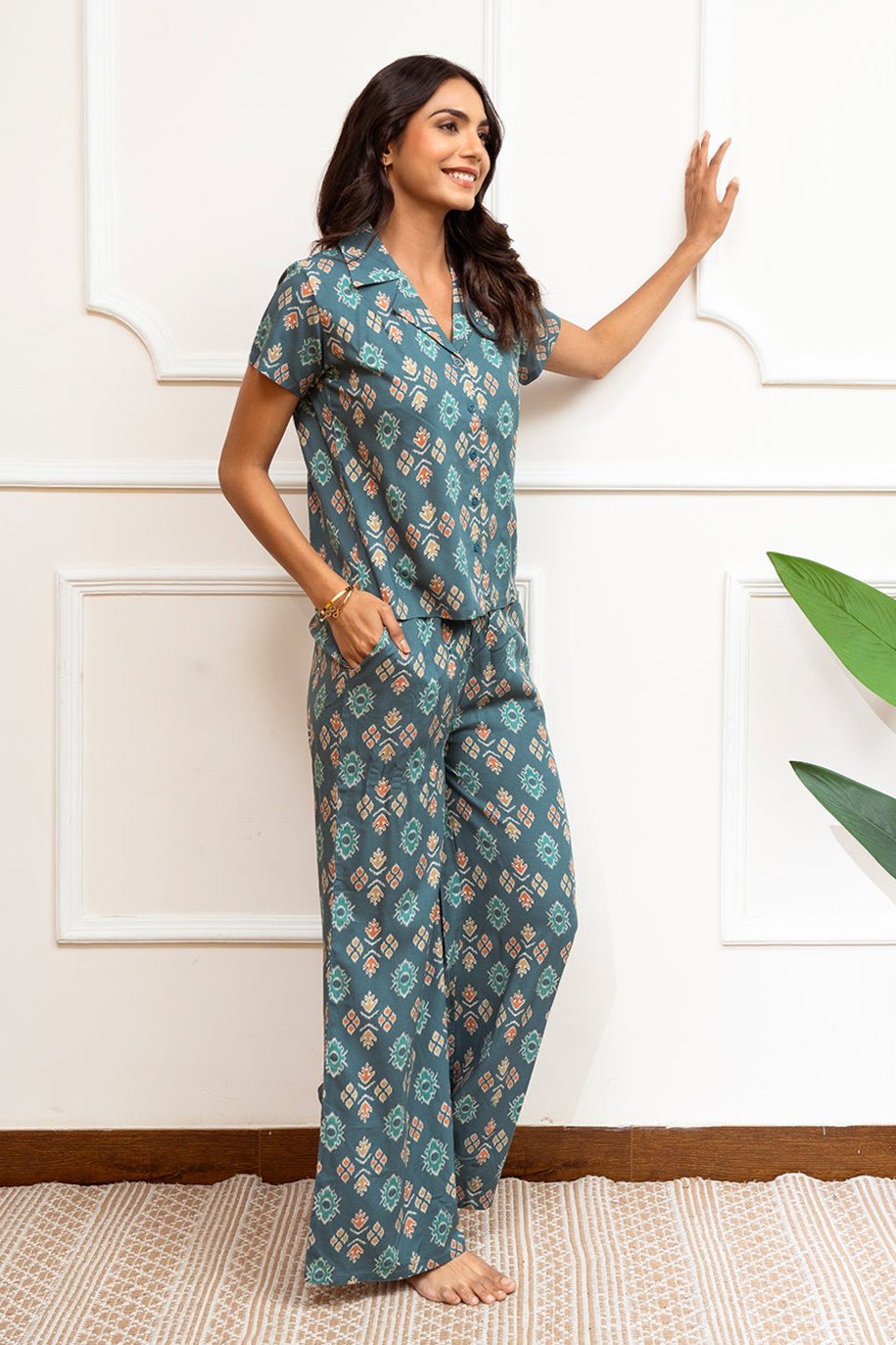 Green Abstract Printed Viscose Rayon Co-ord Set for Women by Claura
