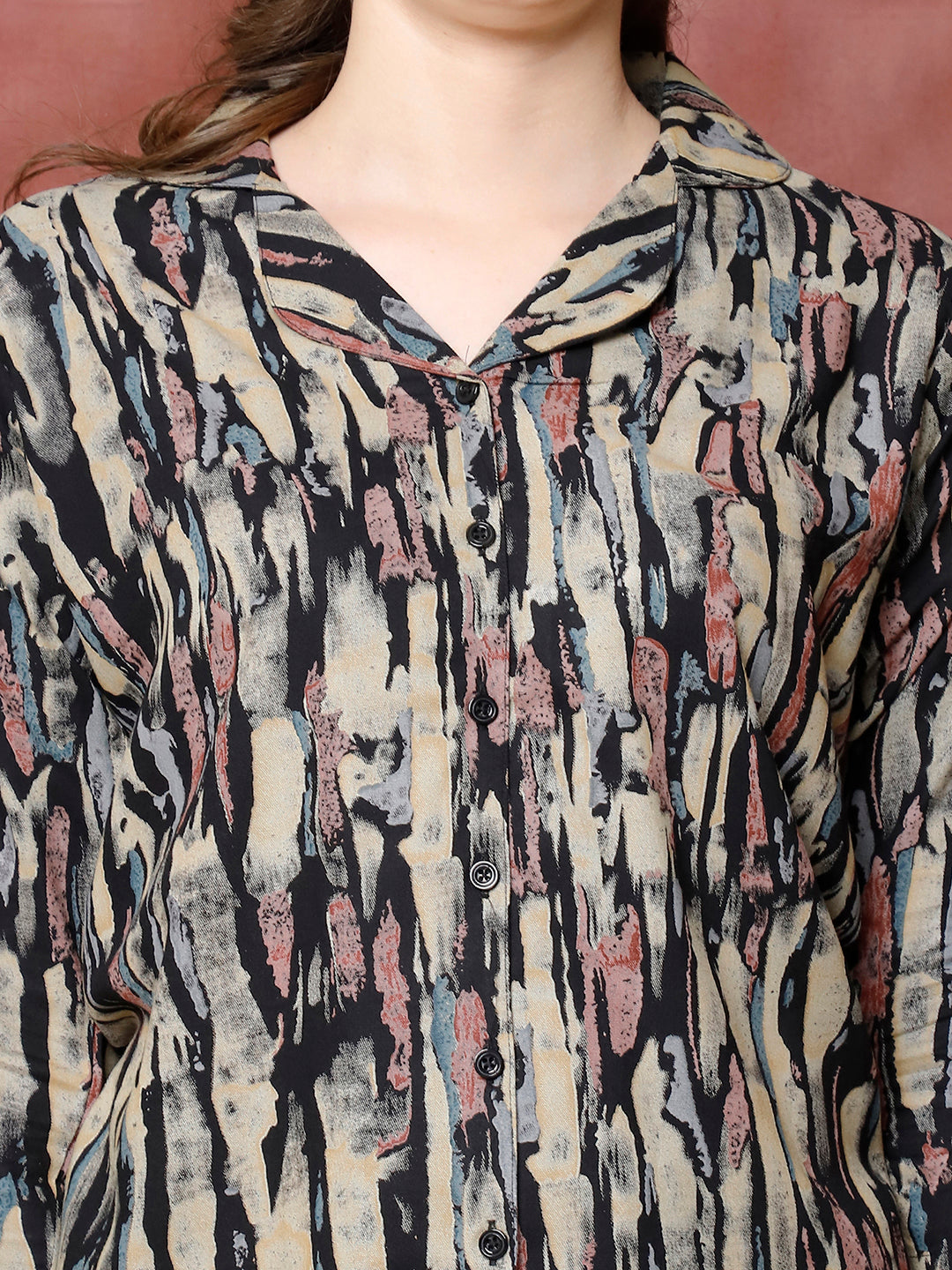Black Abstract Printed Viscose Rayon Night Suit for Women by Claura