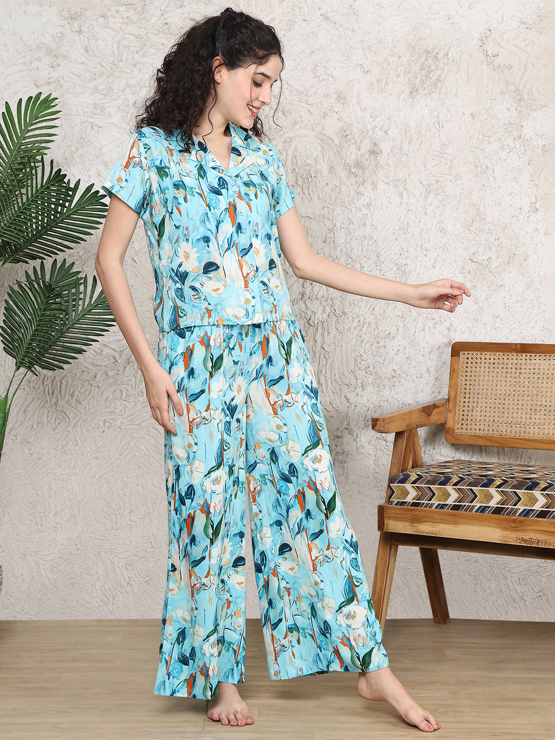 Blue Colour Abstract Printed Viscose Rayon Night Suit