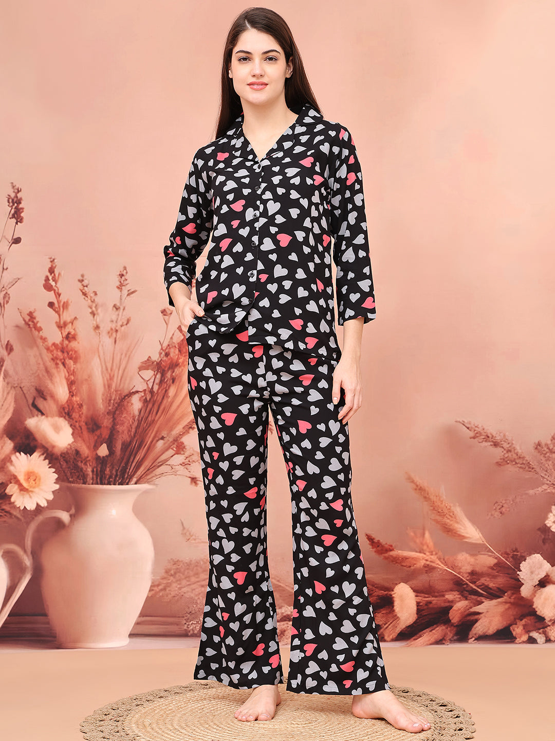 Woman wearing Black Abstract Printed Night Suit