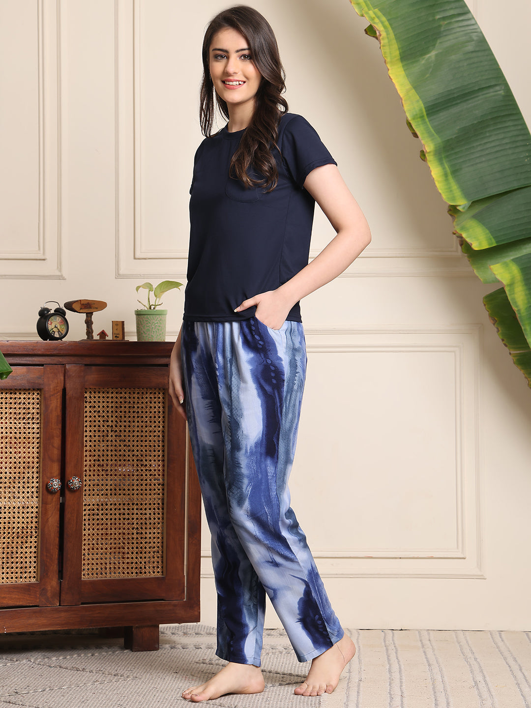 Blue Solid Viscose Rayon Night Suit for Women by Claura