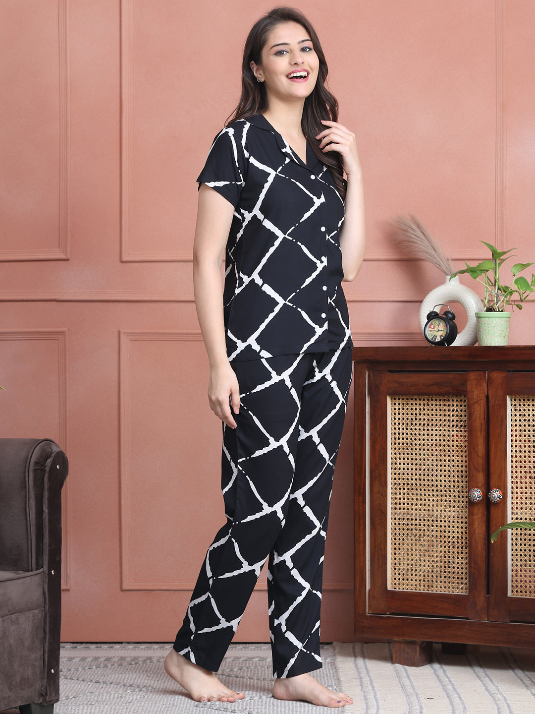 Black Viscose Rayon Night Suit with Short Sleeves and Collar