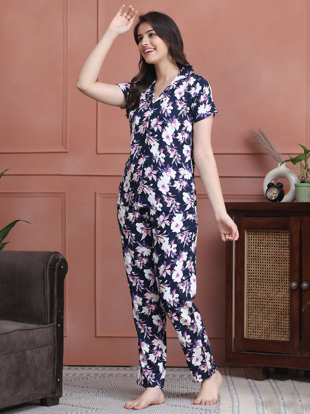 Blue Colour Floral Printed Viscose Rayon Night Suit