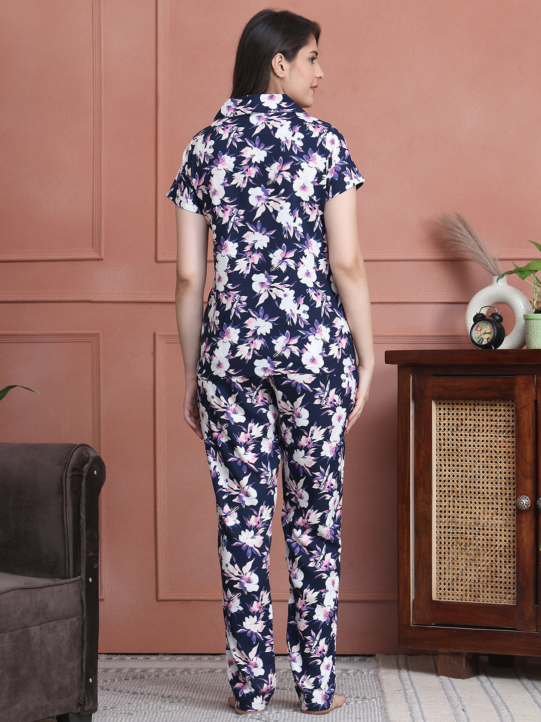 Blue Colour Floral Printed Viscose Rayon Night Suit