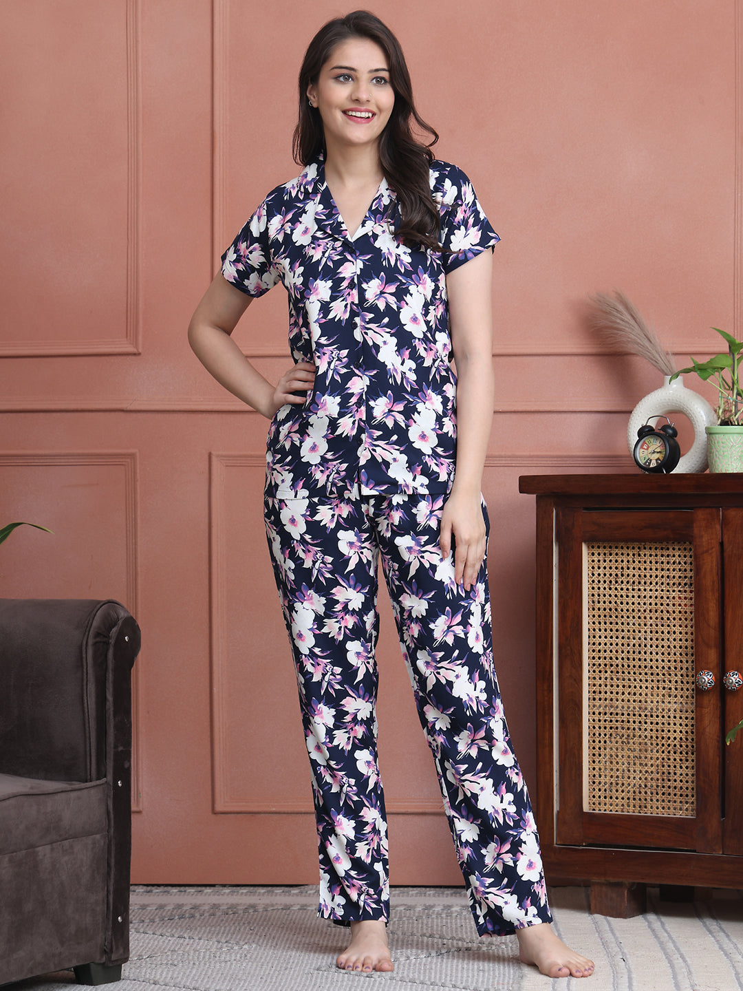 Woman wearing Blue Floral Printed Night Suit