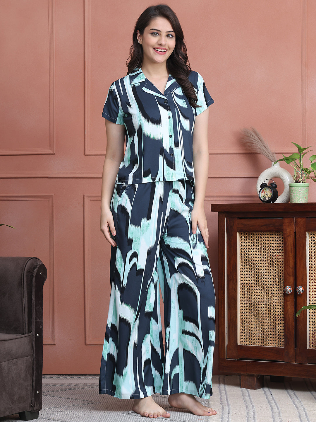 Blue Color Abstarct Printed Viscose Rayon Night Suit