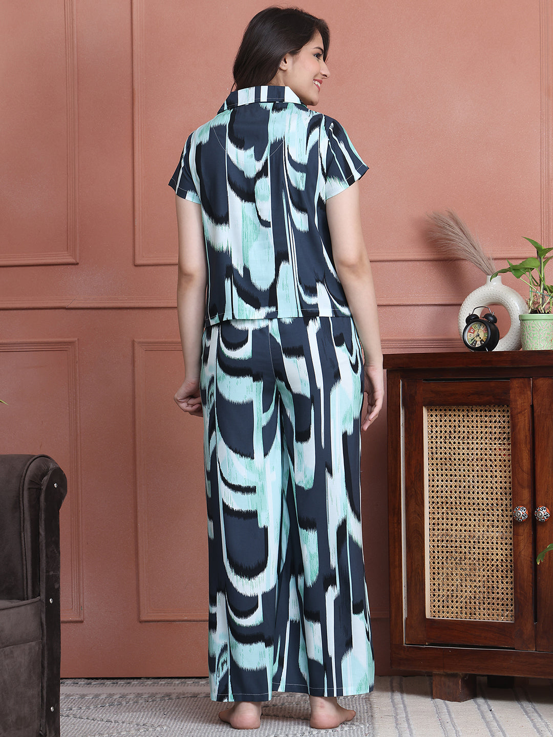 Blue Color Abstarct Printed Viscose Rayon Night Suit