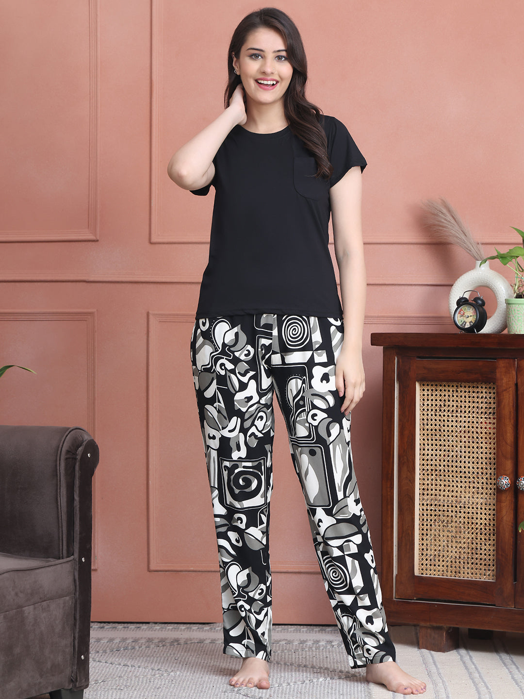 Woman wearing Black Abstract Printed Night Suit
