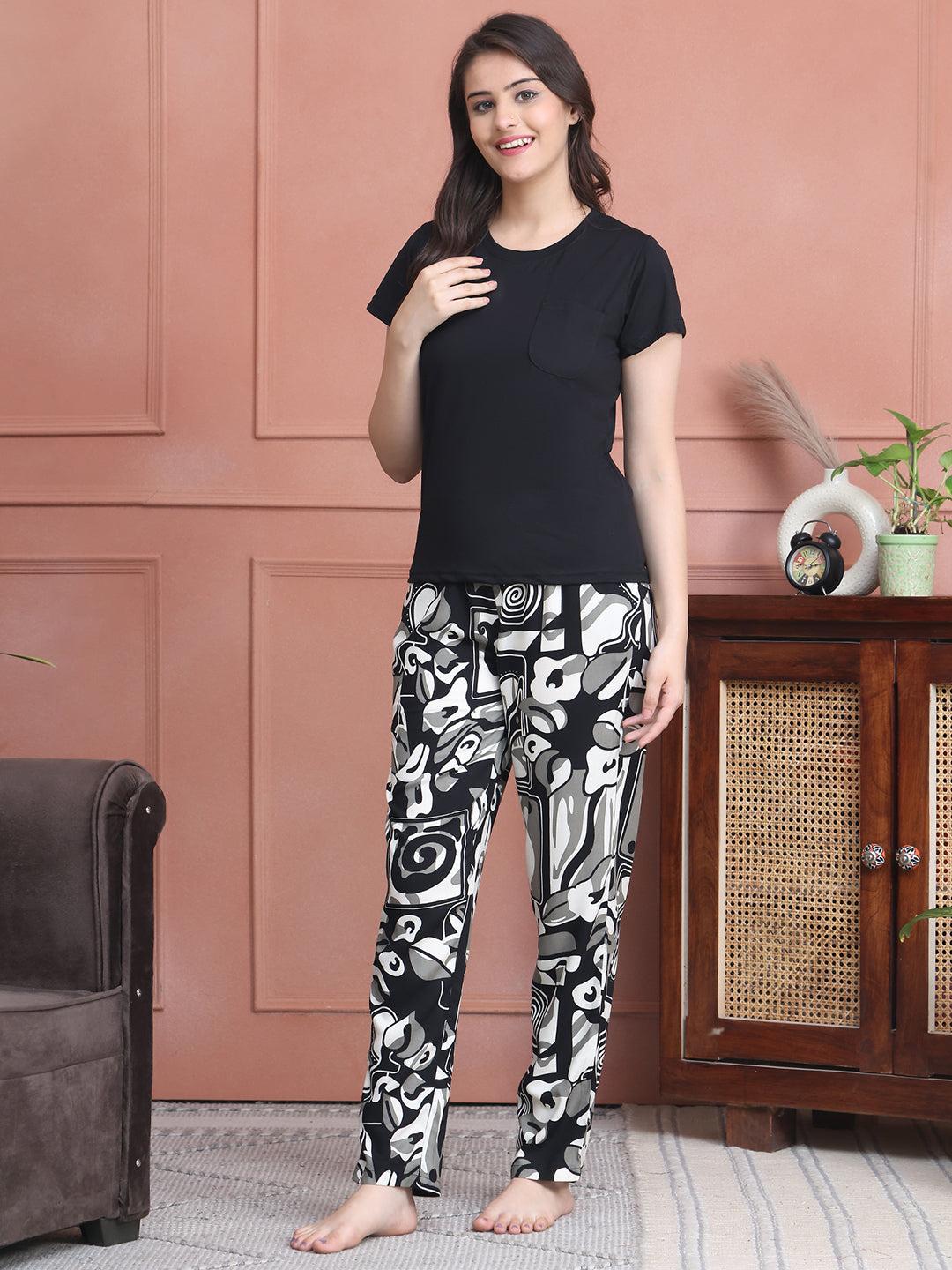 Black Colour Abstract Printed Cotton Night Suit