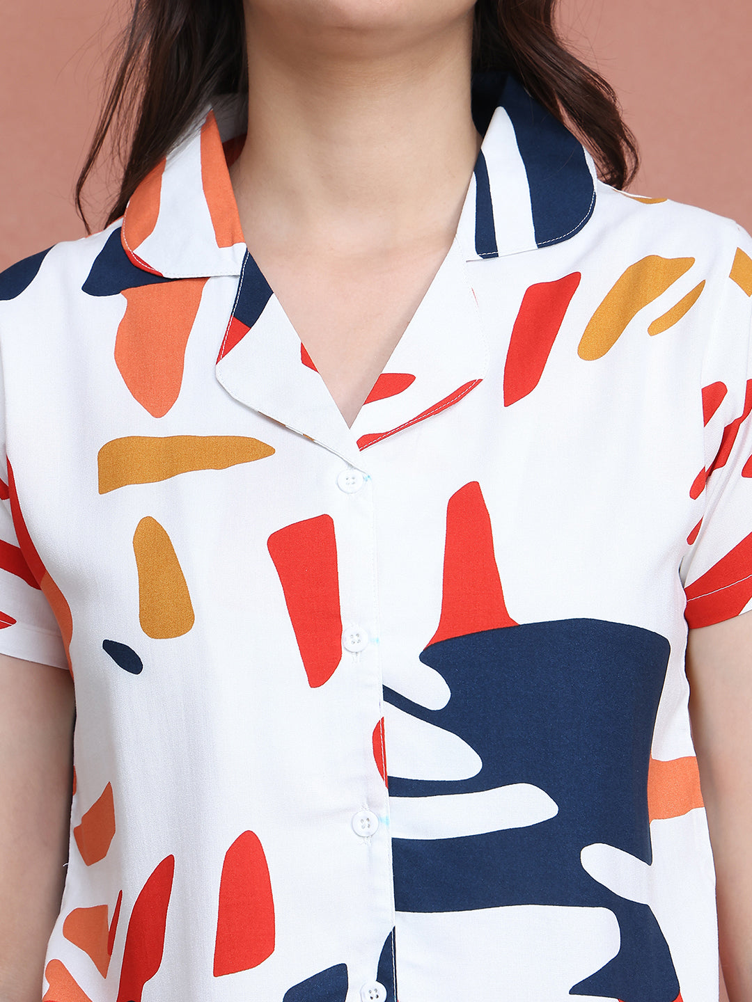 White Colour Abstract Printed Viscose Rayon Top & Short Night Suit