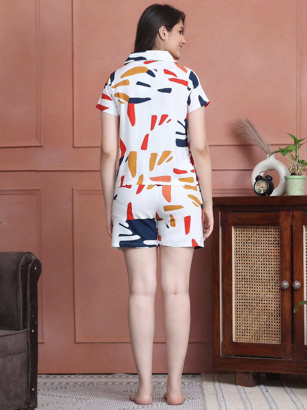 White Colour Abstract Printed Viscose Rayon Top & Short Night Suit