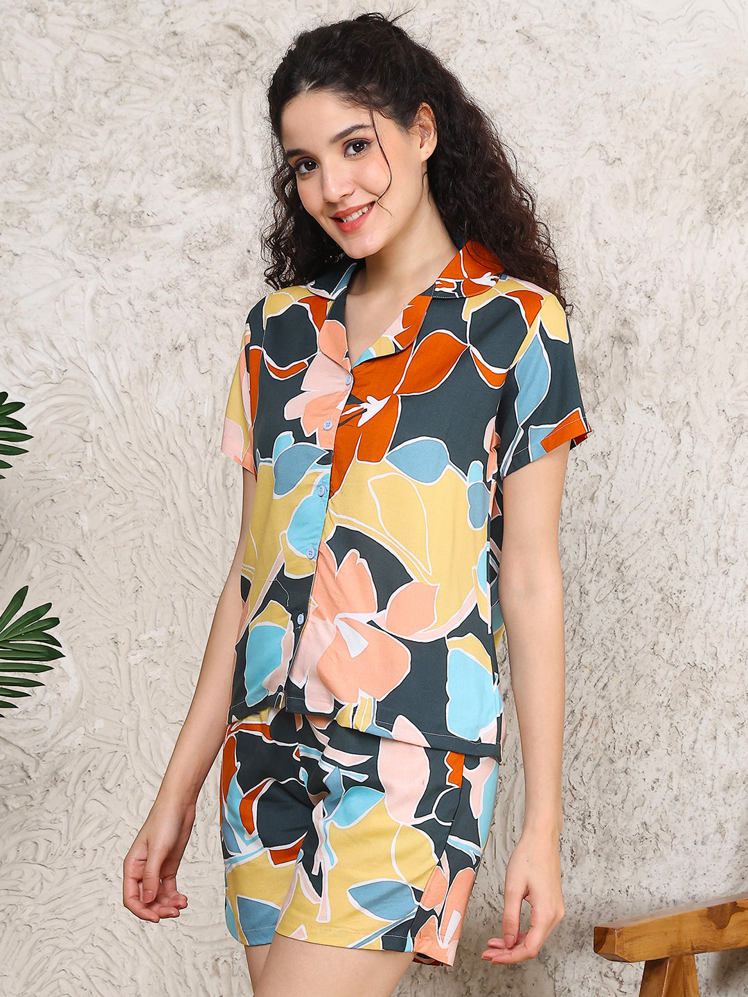 Multi Colour Abstract Printed Viscose Rayon Top & Short Night Suit