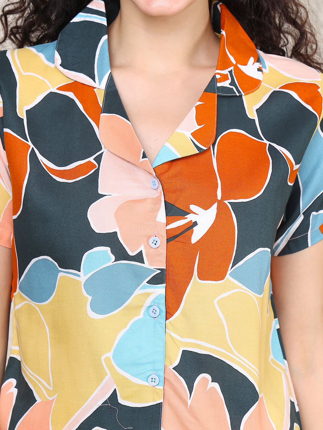 Multi Colour Abstract Printed Viscose Rayon Top & Short Night Suit