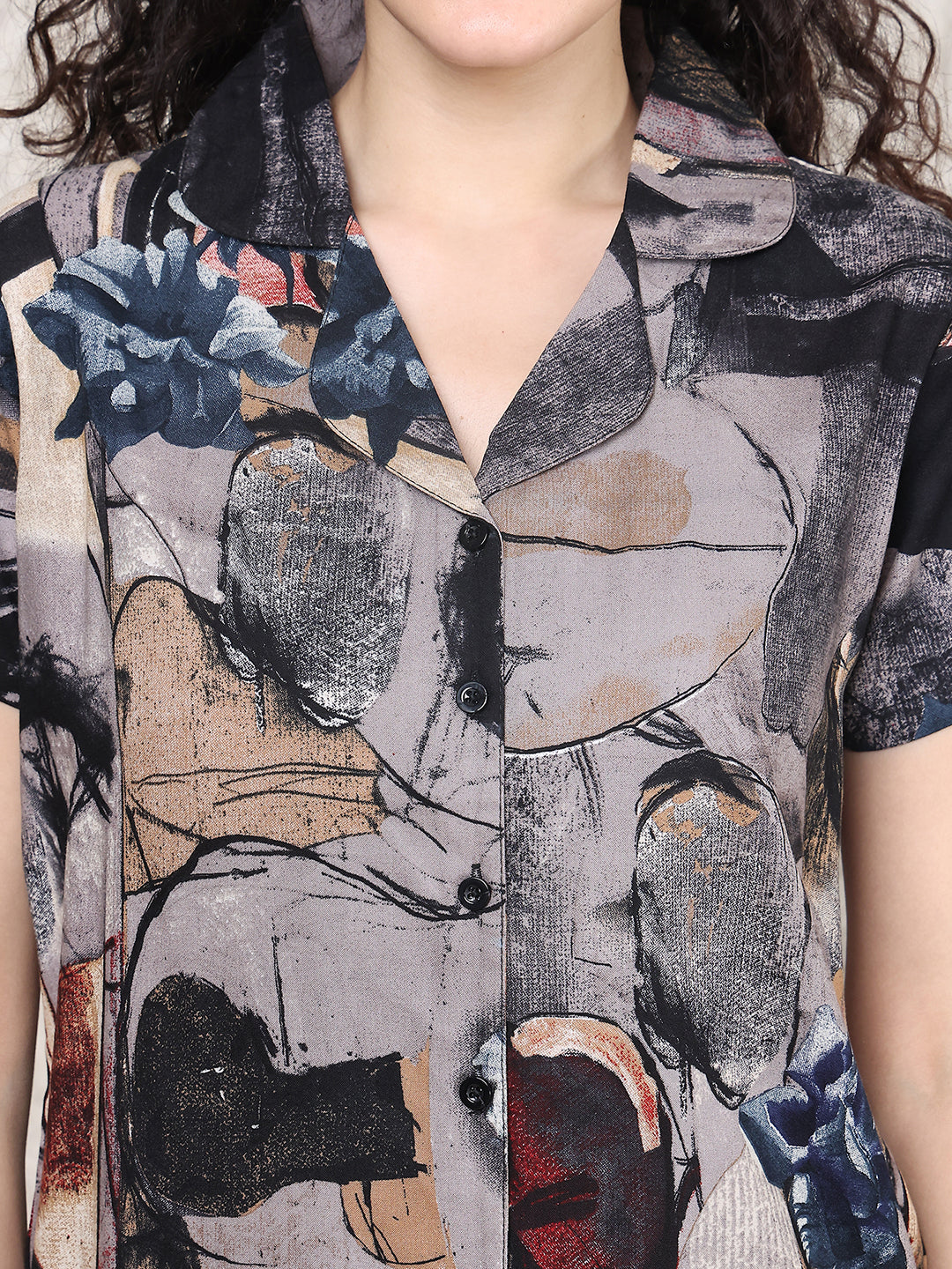Black Colour Geometric Printed Viscose Rayon Top & Short Night Suit