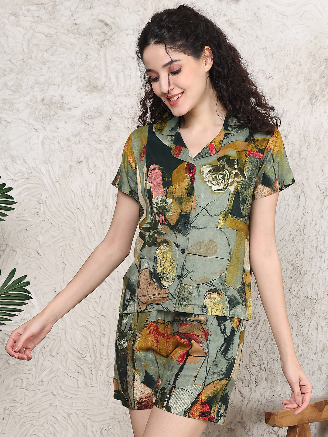 Green Colour Geometric Printed Viscose Rayon Top & Short Night Suit