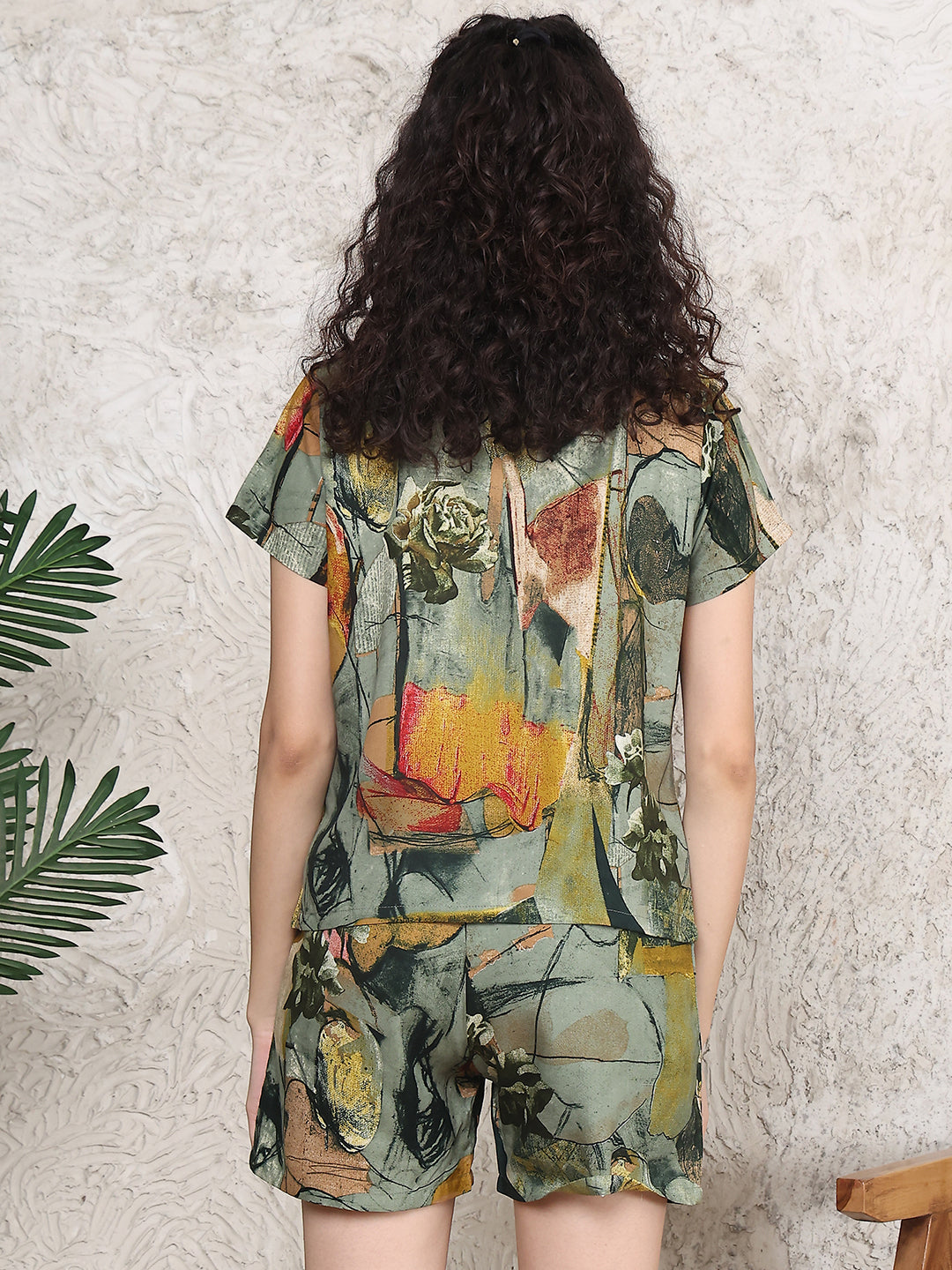 Green Colour Geometric Printed Viscose Rayon Top & Short Night Suit