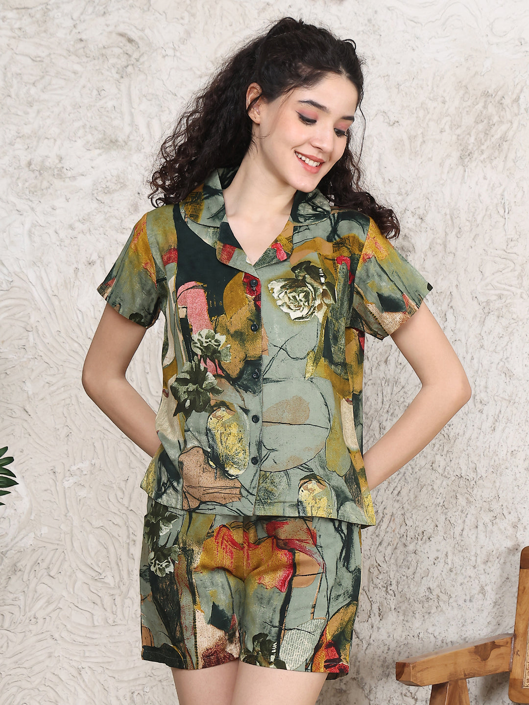 Green Colour Geometric Printed Viscose Rayon Top & Short Night Suit