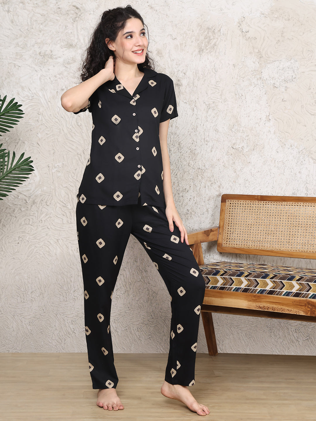 Black Colour Abstract Printed Viscose Rayon Night Suit