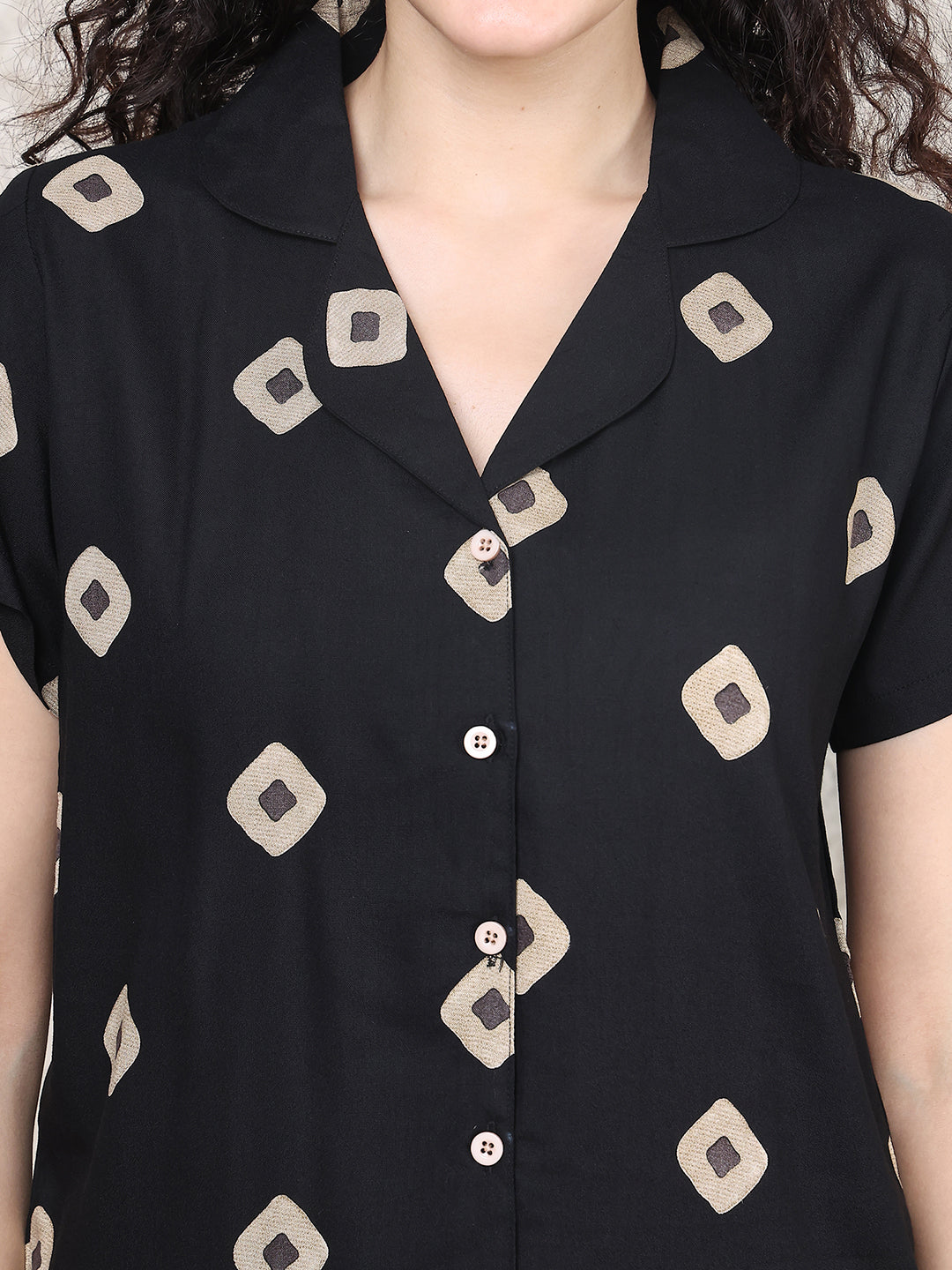 Black Colour Abstract Printed Viscose Rayon Night Suit