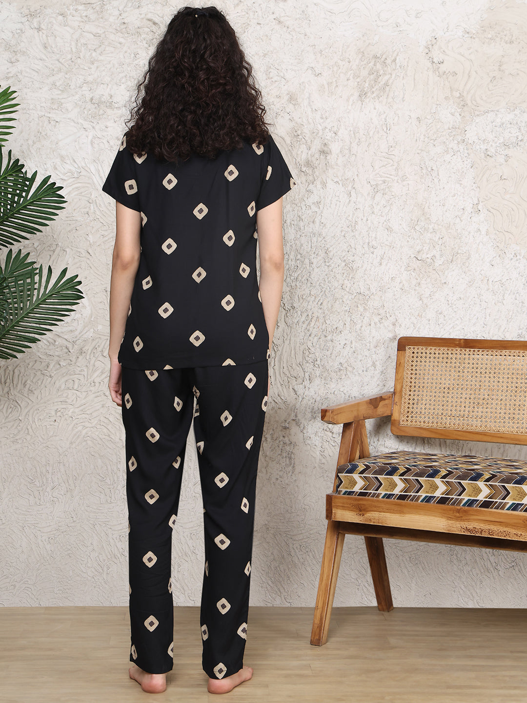 Black Colour Abstract Printed Viscose Rayon Night Suit