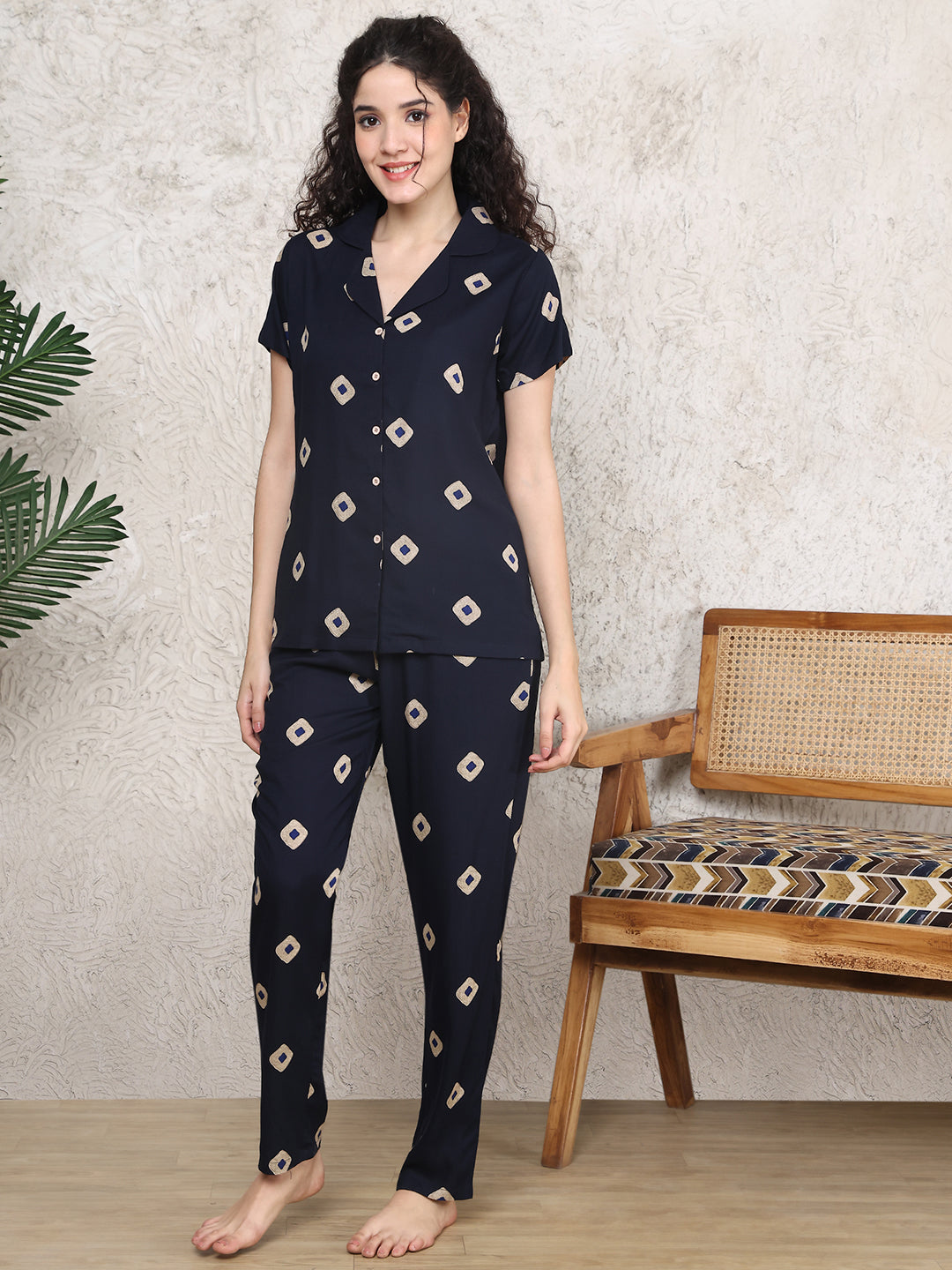 Navy Blue Colour Abstract Printed Viscose Rayon Night Suit