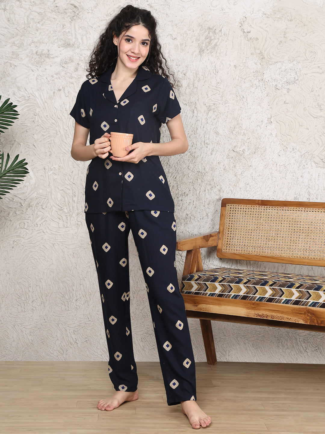 Navy Blue Colour Abstract Printed Viscose Rayon Night Suit