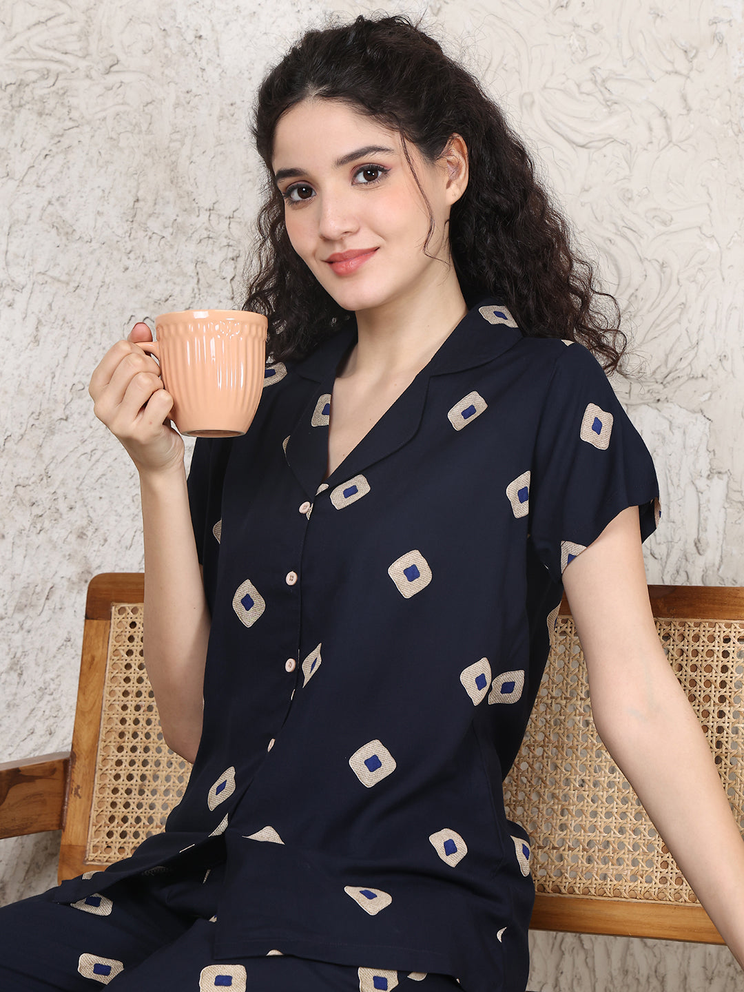 Navy Blue Colour Abstract Printed Viscose Rayon Night Suit