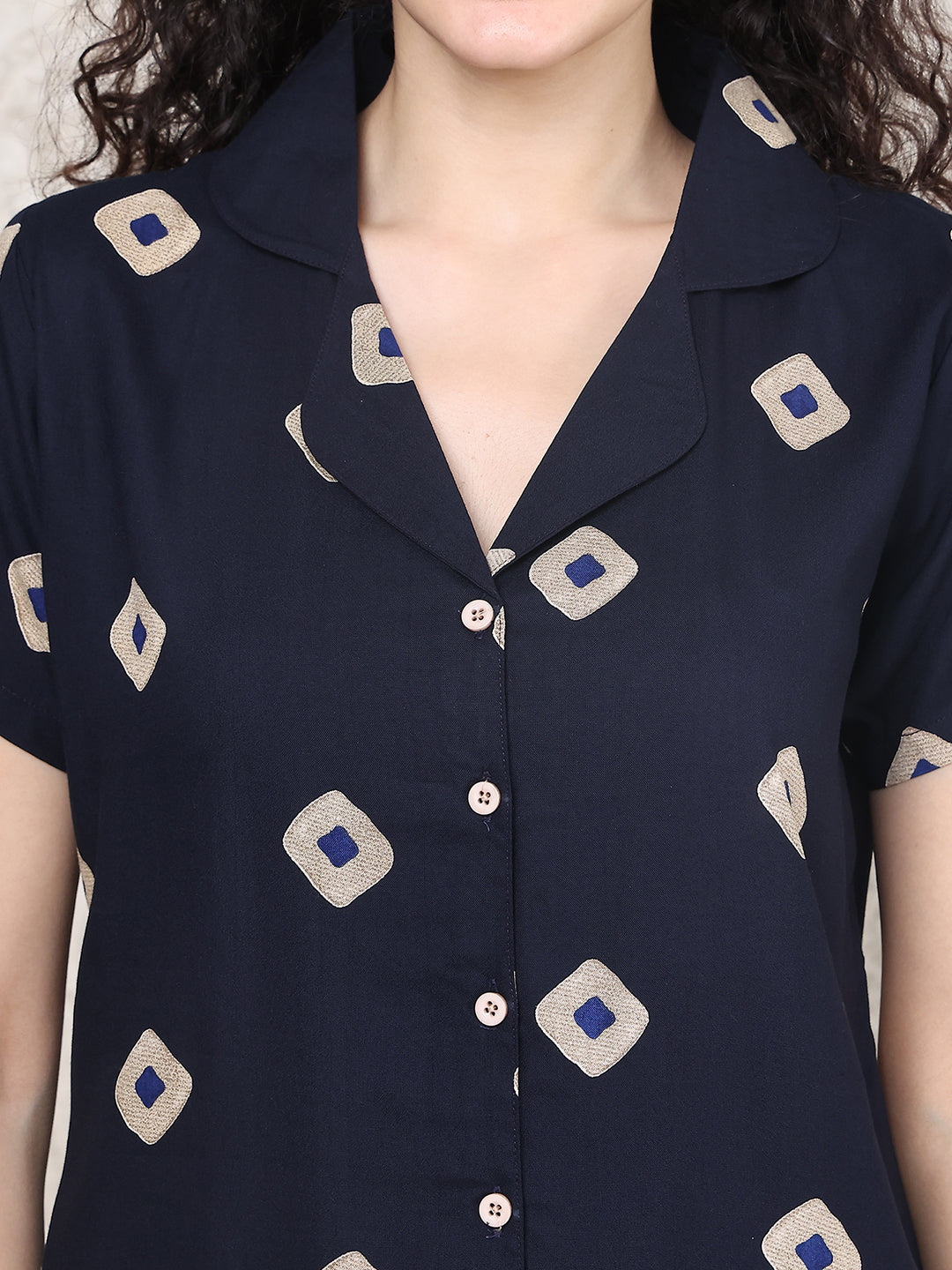 Navy Blue Colour Abstract Printed Viscose Rayon Night Suit