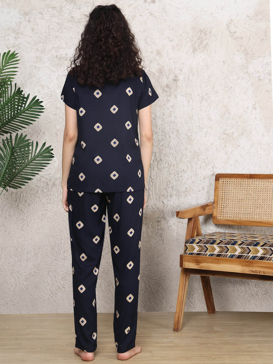 Navy Blue Colour Abstract Printed Viscose Rayon Night Suit