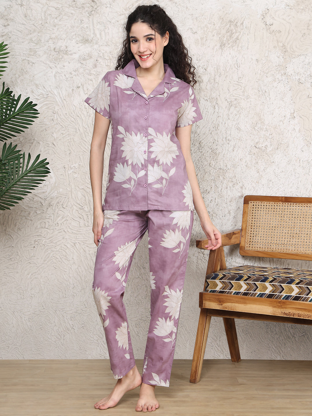 Pink Colour Floral Printed Pure Cotton Night Suit