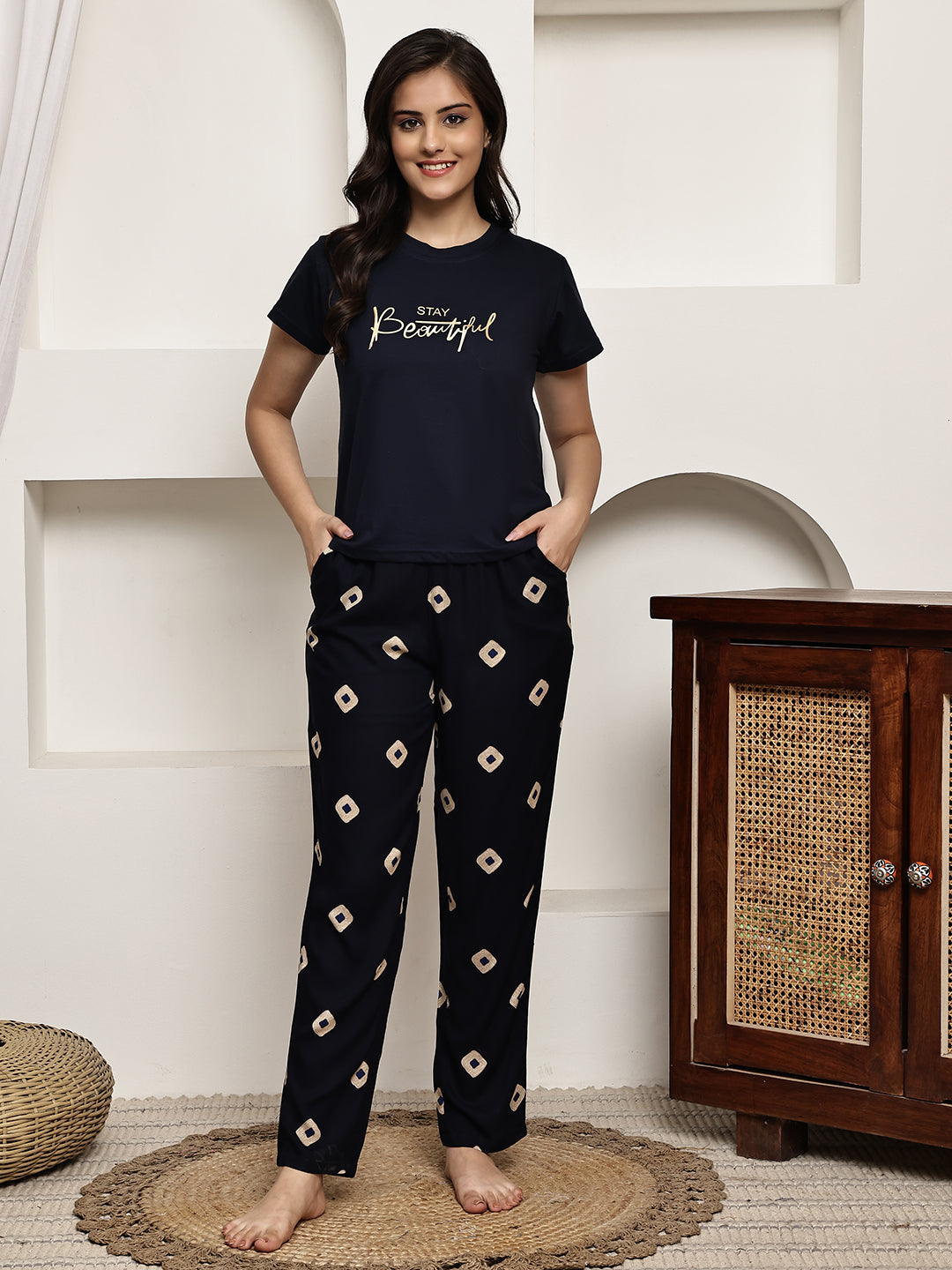Navy Blue Colour Pure Cotton Night Suit for Women | S-XXL | Claura