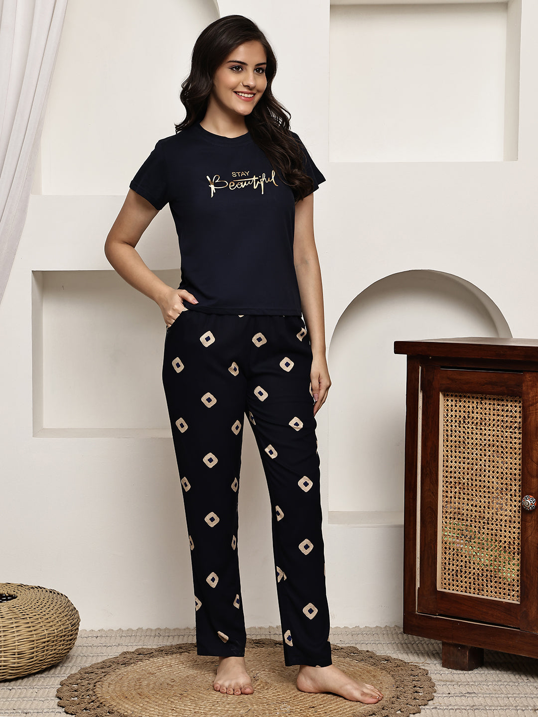 Navy Blue Colour Pure Cotton Night Suit for Women | S-XXL | Claura