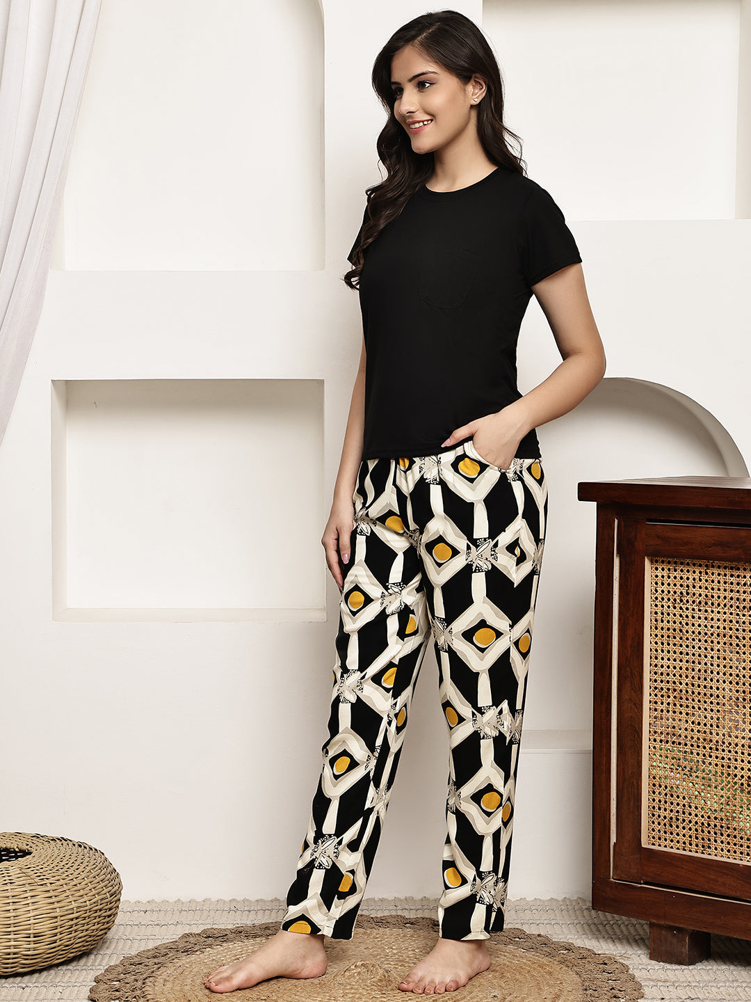 Black Colour Pure Cotton Abstract Printed Night Suit for Women | S-XXL | Claura
