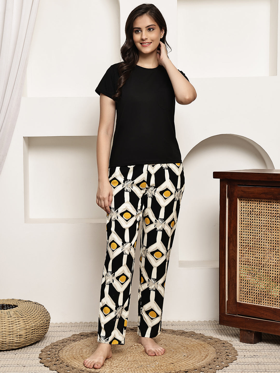 Black Colour Pure Cotton Abstract Printed Night Suit for Women | S-XXL | Claura