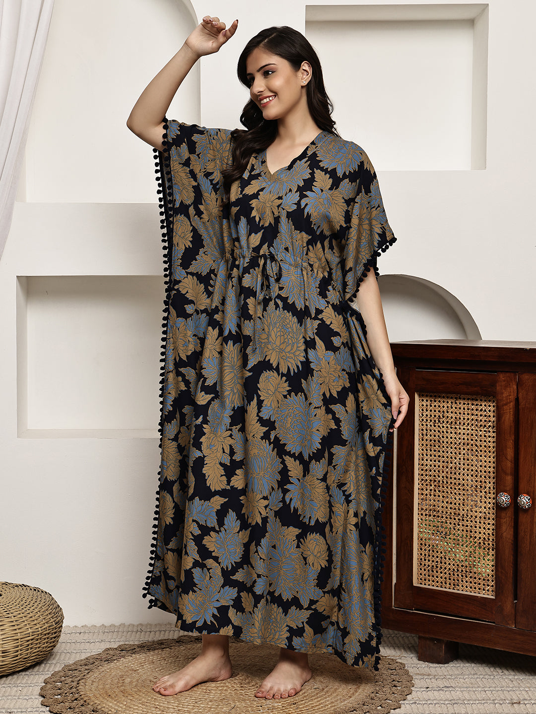 Navy Blue Colour Floral Printed Viscose Rayon Kaftan For Women