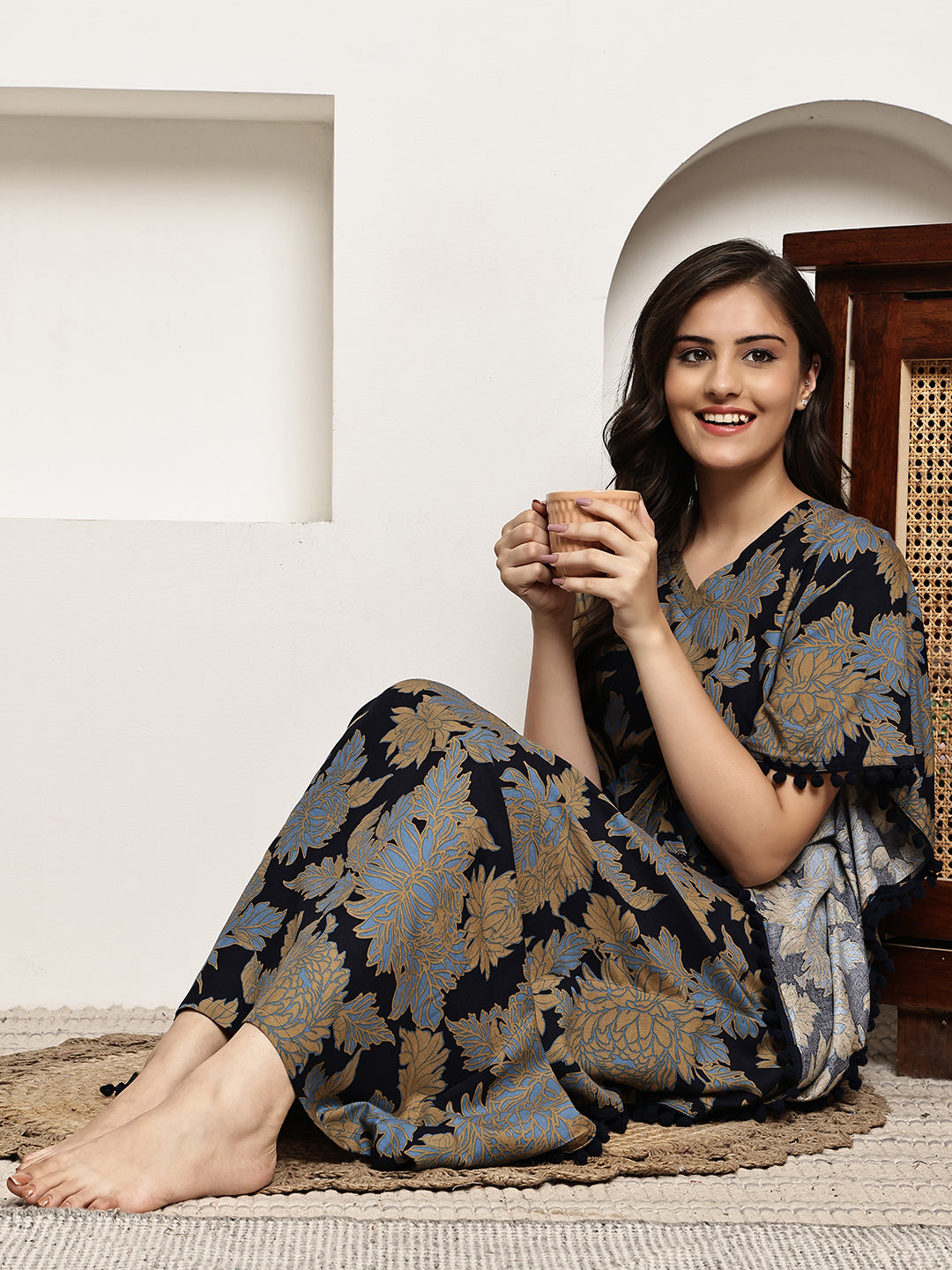 Navy Blue Colour Floral Printed Viscose Rayon Kaftan For Women